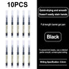 A set of 10 black full-length gel pens designed for quick-drying and smooth writing.