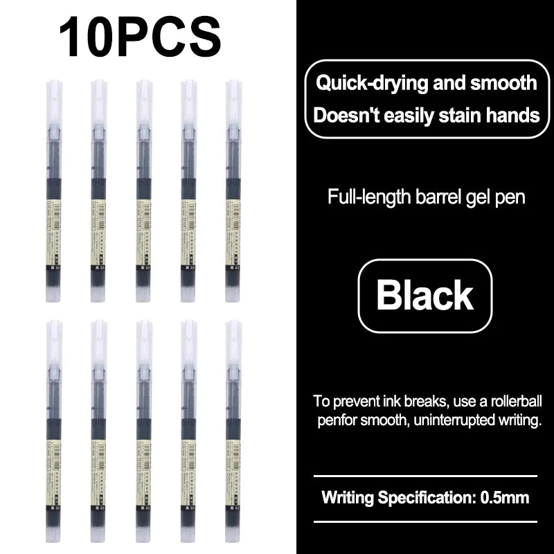 A set of 10 black full-length gel pens designed for quick-drying and smooth writing.