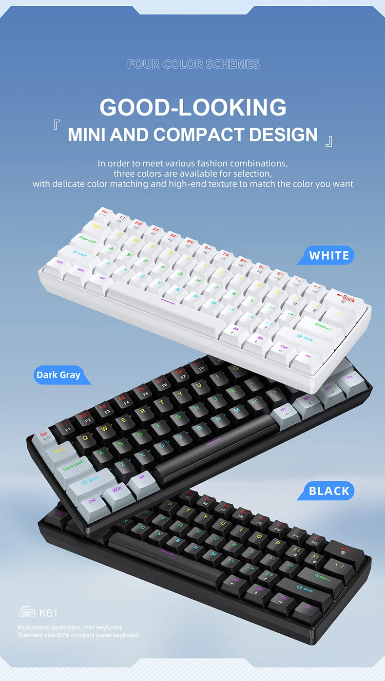 Affichage de quatre combinaisons de couleurs pour un clavier mini et compact attrayant en blanc, gris foncé et noir.