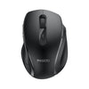 A black ergonomic wireless mouse with a textured grip and a visible logo on the side.