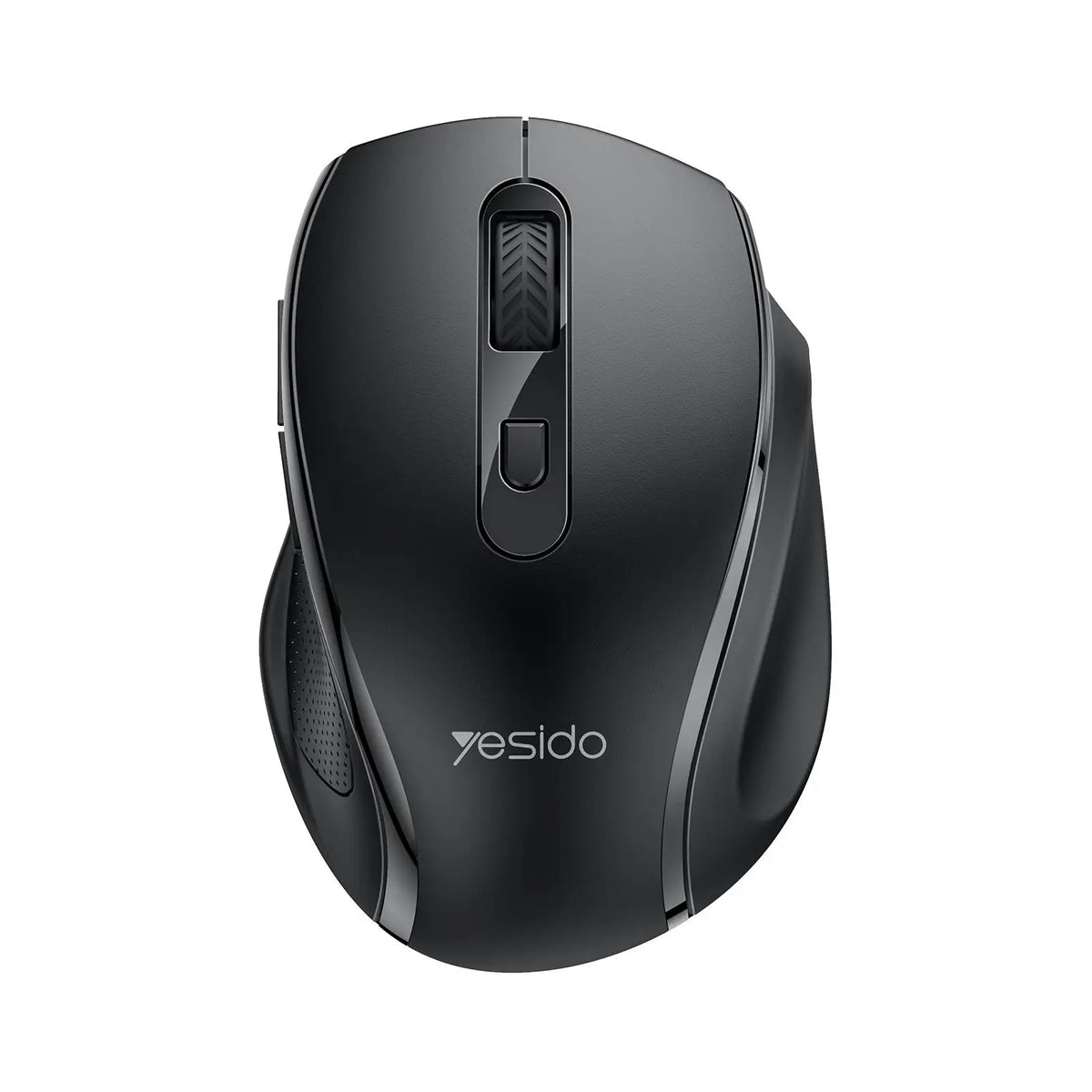 A black ergonomic wireless mouse with a textured grip and a visible logo on the side.