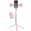 A pink multifunctional selfie stick tripod with a smartphone mount and wireless light ring.