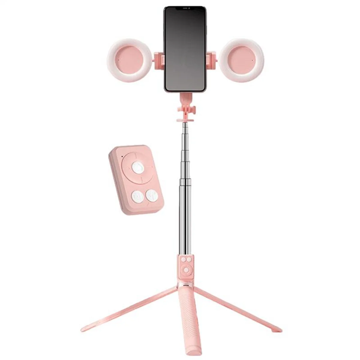 A pink multifunctional selfie stick tripod with a smartphone mount and wireless light ring.
