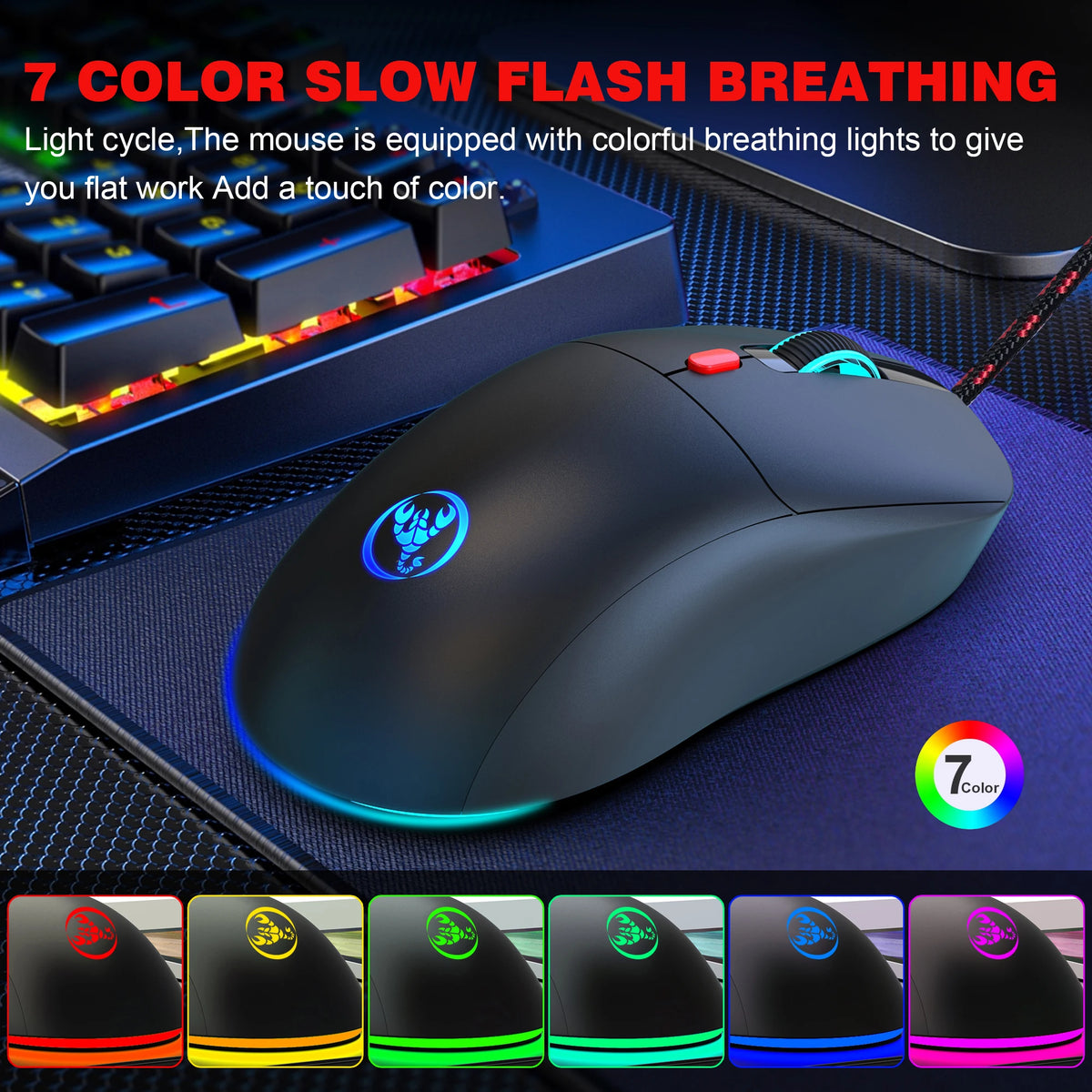 A black gaming mouse with colorful breathing lights is shown on a blue surface.