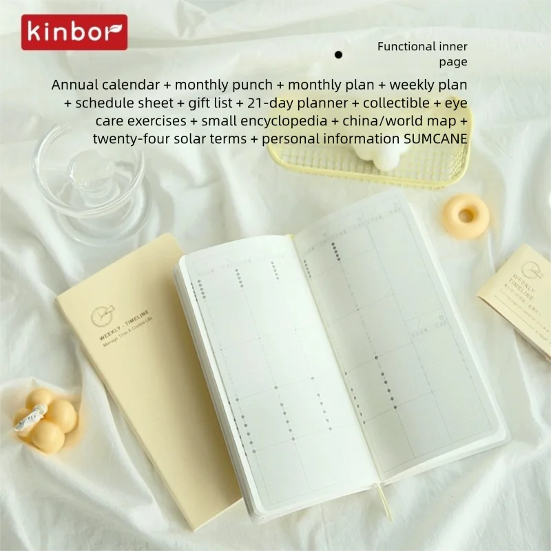 A yellow planner journal is open on a white cloth, surrounded by various planning tools and accessories.