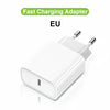 A white EU fast charging adapter with a USB-C connector and Lightning cable.