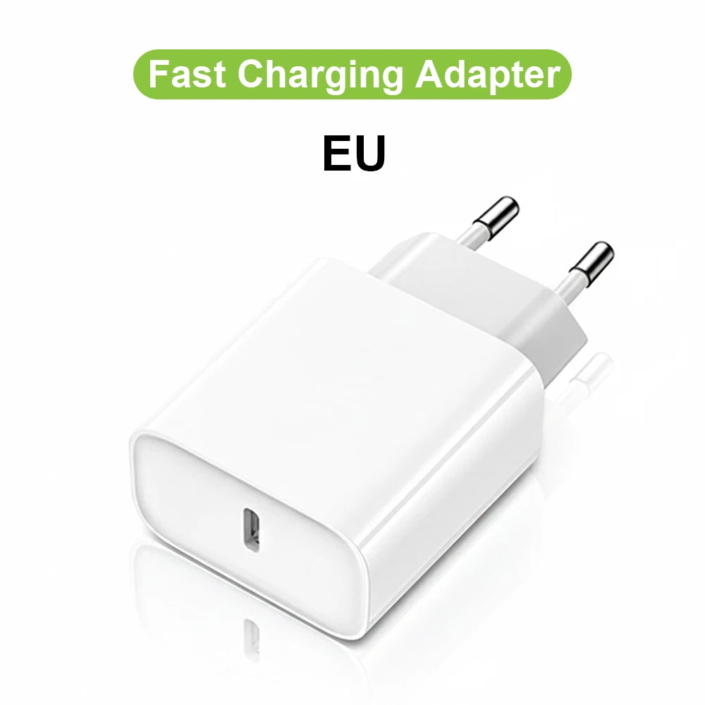A white EU fast charging adapter with a USB-C connector and Lightning cable.