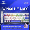 A close-up of the WIN60 HE MAX keyboard featuring a silver frame and various key layouts with magnetic axis technology.