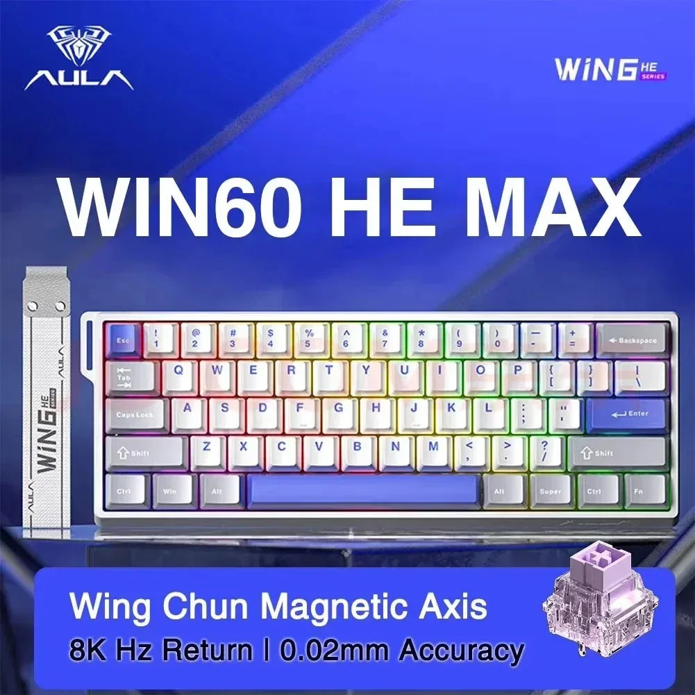 A close-up of the WIN60 HE MAX keyboard featuring a silver frame and various key layouts with magnetic axis technology.