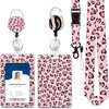 A pink leopard print retractable ID badge holder with a silver clip and black strap.
