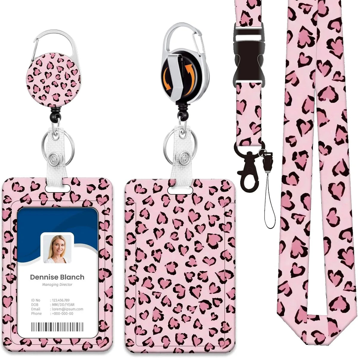 A pink leopard print retractable ID badge holder with a silver clip and black strap.