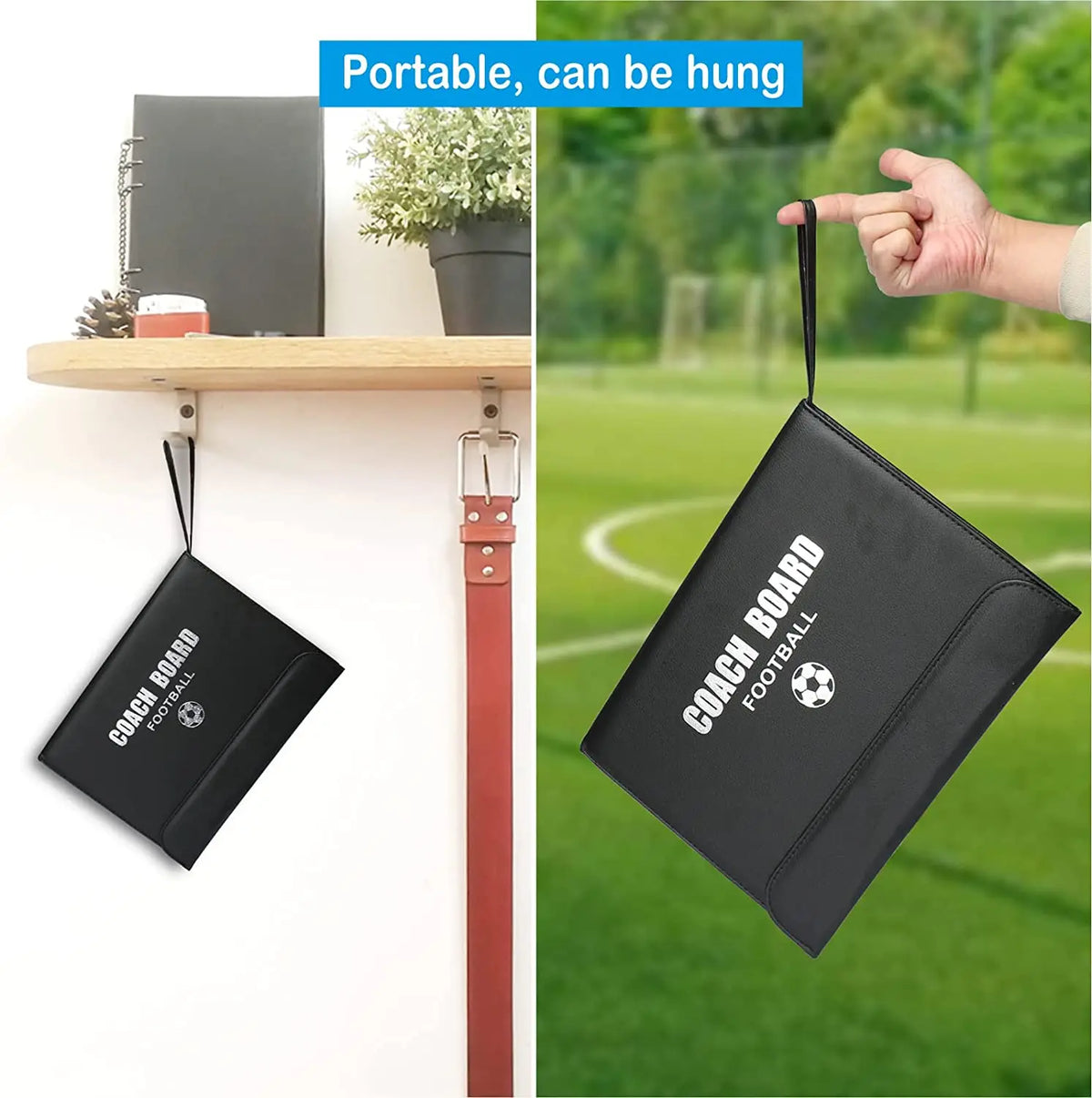 A black foldable magnetic soccer coaching board is shown hanging on a white wall, demonstrating its portable use.