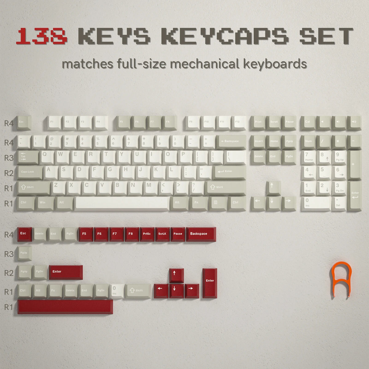 A set of 138 keys and keycaps for full-size mechanical keyboards displayed on a white background.
