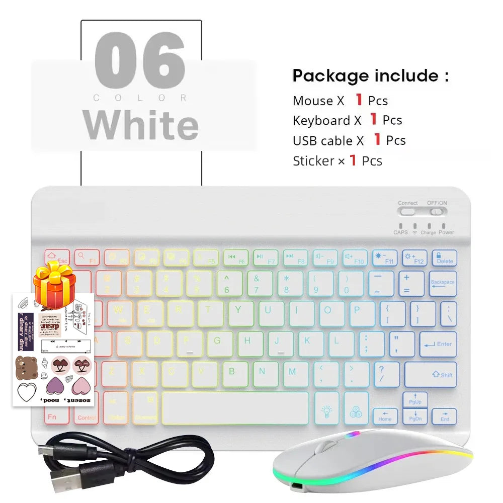 A white portable Bluetooth keyboard and mouse set with a USB cable and sticker included.