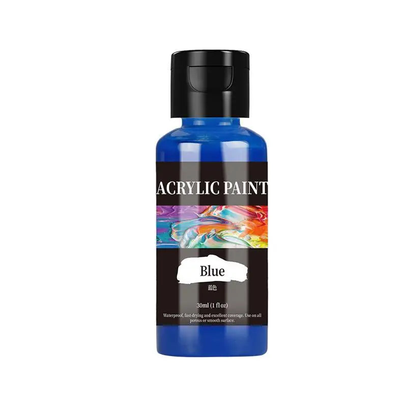 Dunkelblaue Flasche Acrylfarbpigment mit schwarzem Deckel und Etikett.