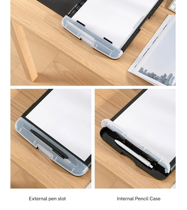 A close-up view of an A4 waterproof file box with a writing board and pen slot shown in different angles.