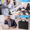 Before and after comparison showing a person organizing files with a multi-compartment fireproof organizer file folder.