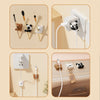 Cartoon desk cable organizers showing various ways to manage charging cables and wires on a desk or wall.