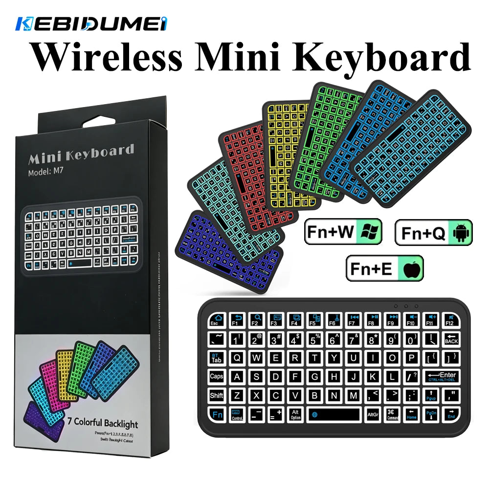 A set of colorful wireless mini keyboards and a full-size black keyboard are displayed in a box.