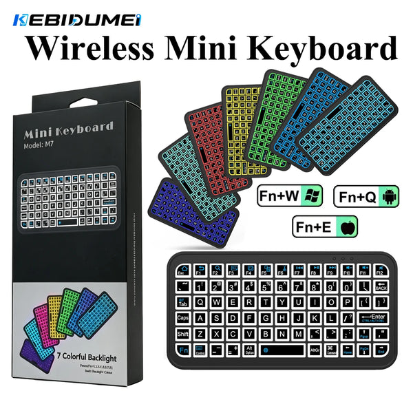 A set of colorful wireless mini keyboards and a full-size black keyboard are displayed in a box.