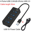 موزع (هاب) USB أسود متعدد المنافذ بأربعة منافذ وكابل بطول 30 سم وكابل طاقة USB 5 فولت