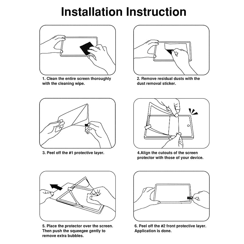 Installation instructions showing steps to clean, peel, and apply a screen protector onto an iPad device.