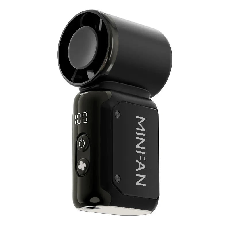 A black portable USB rechargeable mini fan with a round grille and power button.