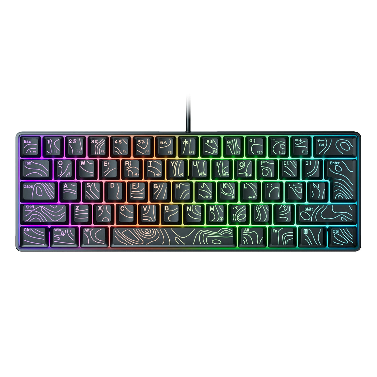 لوحة مفاتيح ألعاب مضيئة RGB بأغطية مفاتيح بنفسجي وأخضر وسماوي وإضاءة خلفية.