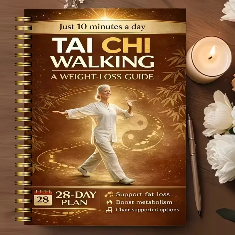 A guide titled Tai Chi Walking a weight-loss guide showing a person practicing Tai Chi in a light brown setting.