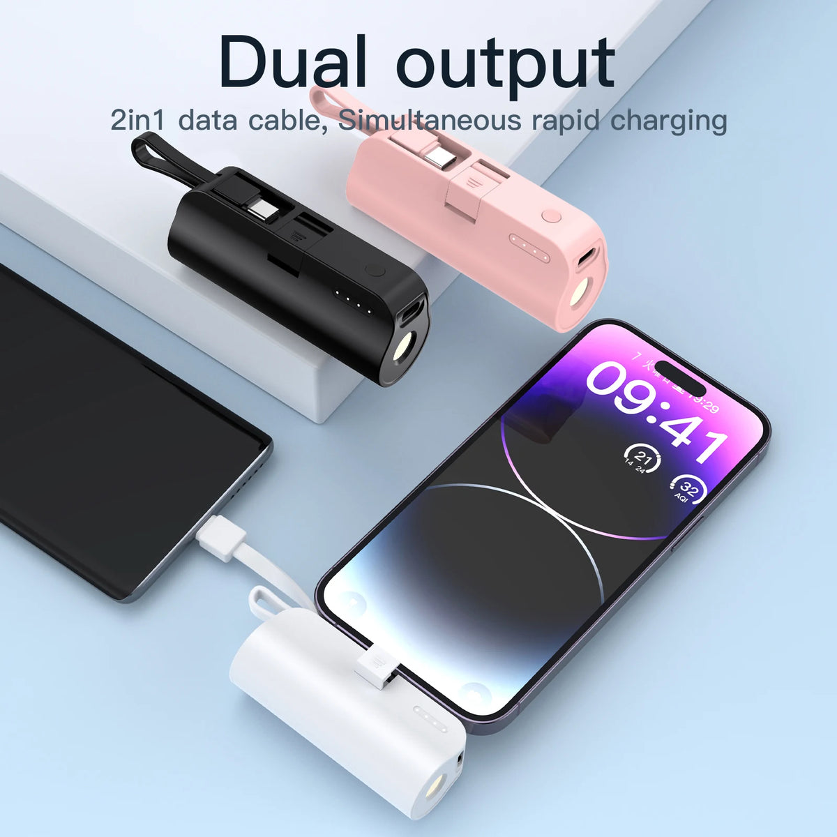 A dual output data cable and power bank charging accessory shown next to a smartphone.