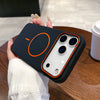 A hand holds a black magnetic wireless charging phone case with an orange charging indicator on a wooden surface.