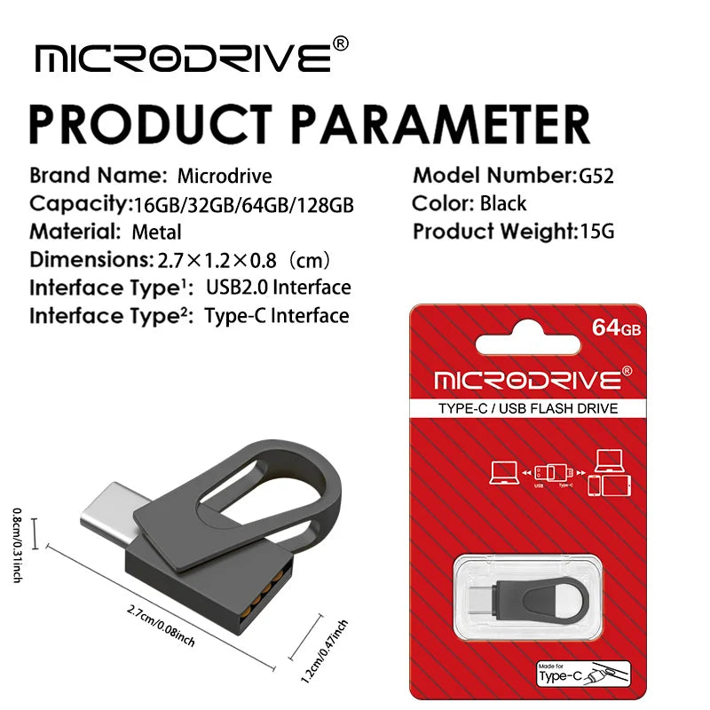 Memoria flash Black Microdrive G52 con interfaz Type-C y conexión USB 2.0.