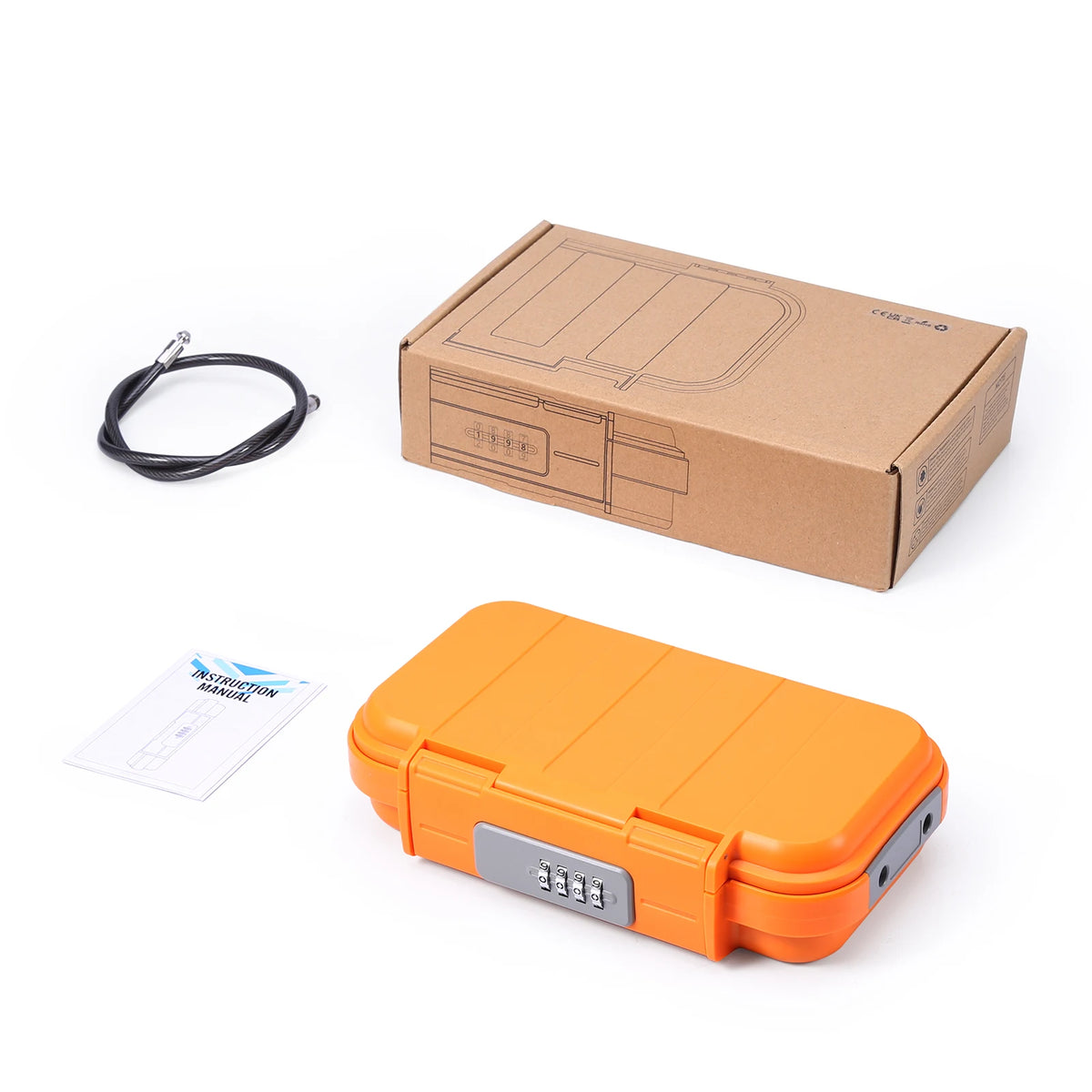 A portable orange combination lock box and its cardboard packaging are shown on a white background.