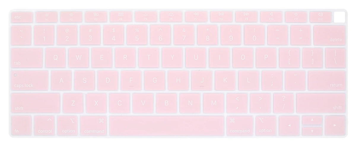 A close-up view of a light pink silicone keyboard cover for a laptop.