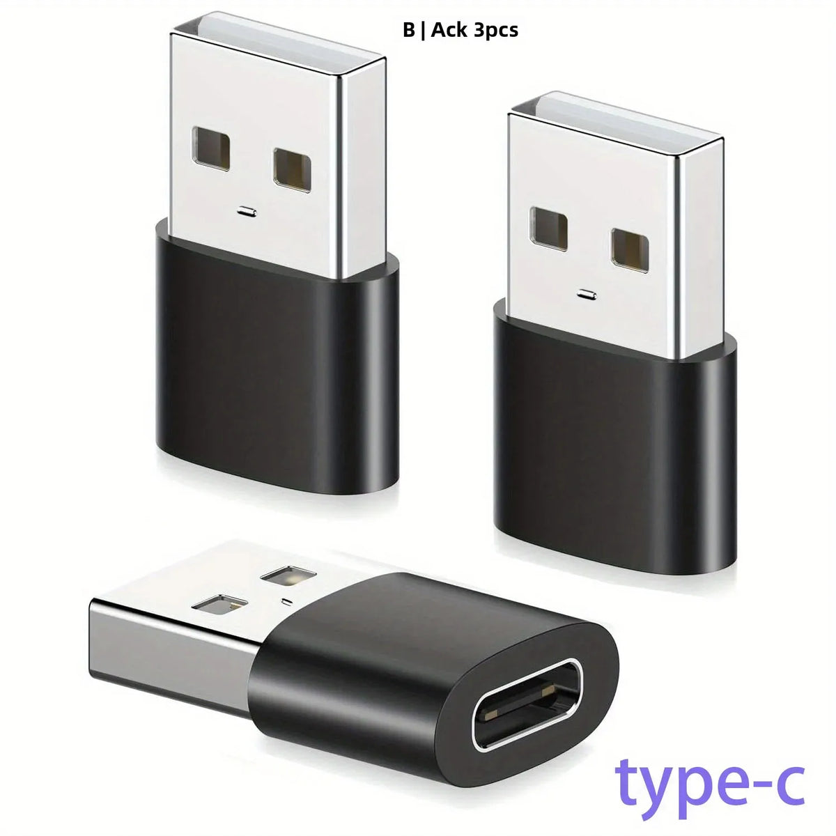 Three silver USB to USB-C adapters shown with a type-c connector.