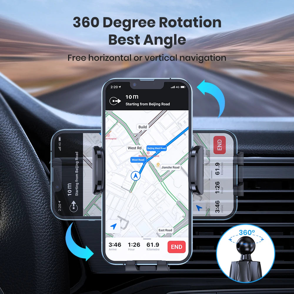 A phone mount is shown in a car vent, demonstrating 360-degree rotation for horizontal or vertical navigation.