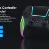 A black PS5 Wireless Controller with vibrant neon green and purple lighting accents.