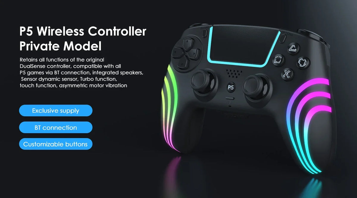 A black PS5 Wireless Controller with vibrant neon green and purple lighting accents.