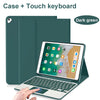 A dark green case and touch keyboard for an iPad, shown with a hand interacting with the keyboard.