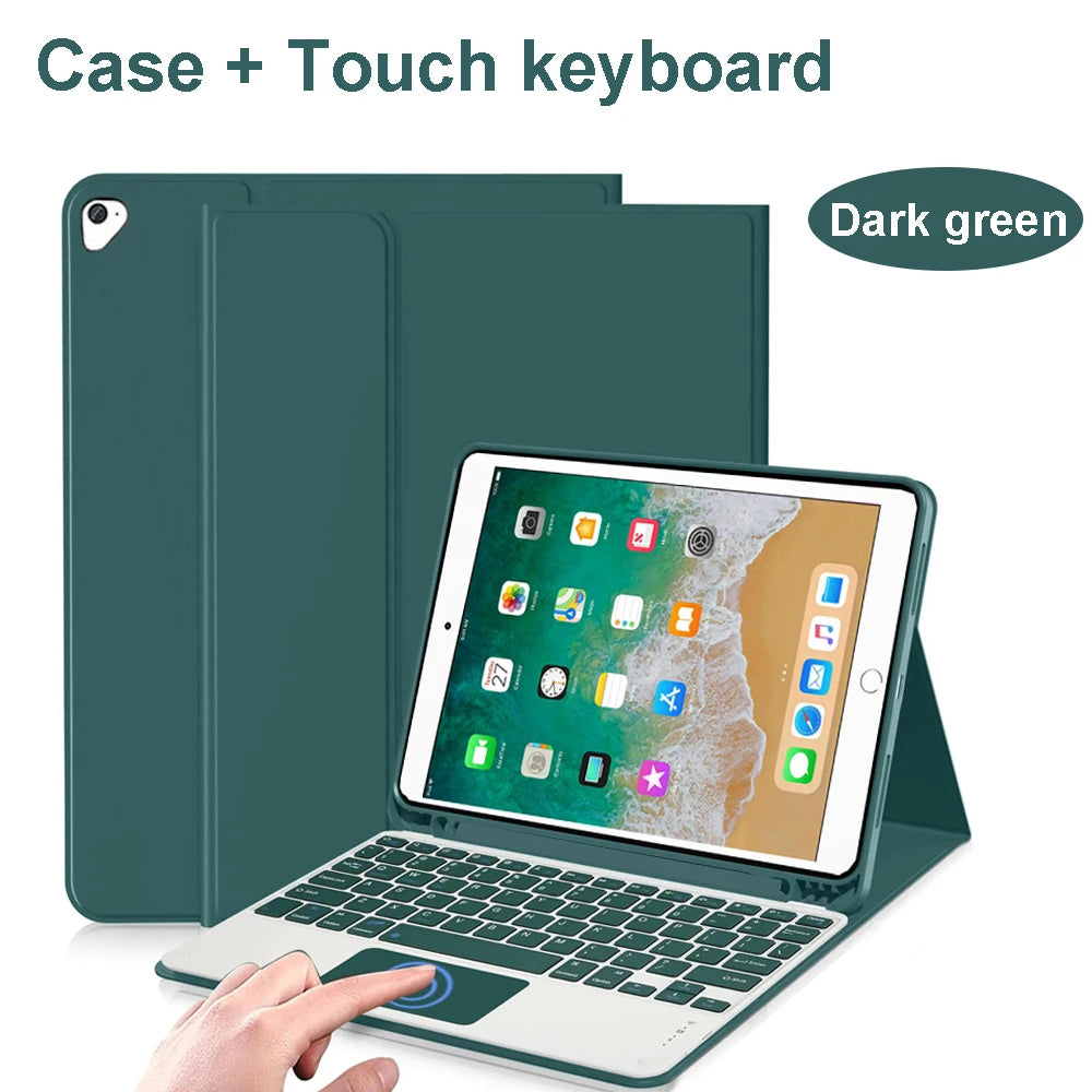A dark green case and touch keyboard for an iPad, shown with a hand interacting with the keyboard.