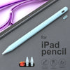 A light blue precision stylus pen shown next to an iPad, with accessories for tilt control, anti-mistouch, and magnetic featu