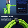 A green high-speed charging cable with a pure wire core and Velcro strap is shown.