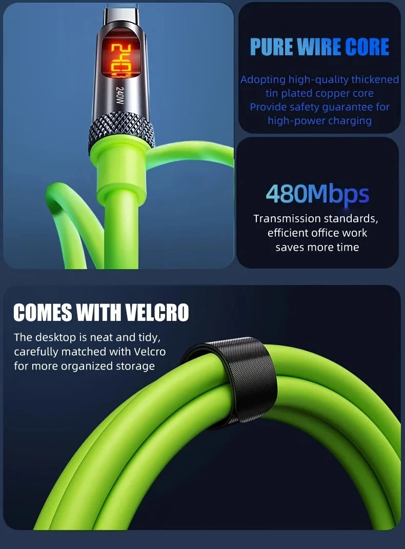 A green high-speed charging cable with a pure wire core and Velcro strap is shown.