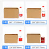 Eight different sizes of brown kraft cardboard shipping boxes shown with bottles and a can for scale comparison.