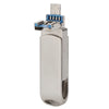 A silver metal USB flash drive with rotating functionality and multiple connectors.