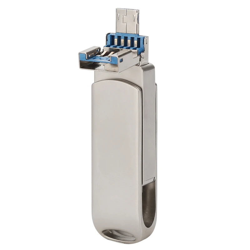 A silver metal USB flash drive with rotating functionality and multiple connectors.