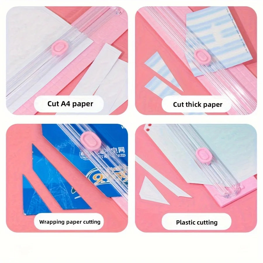 Images showing various uses of a portable manual paper cutter trimmer including cutting A4 and thick paper, wrapping paper, a