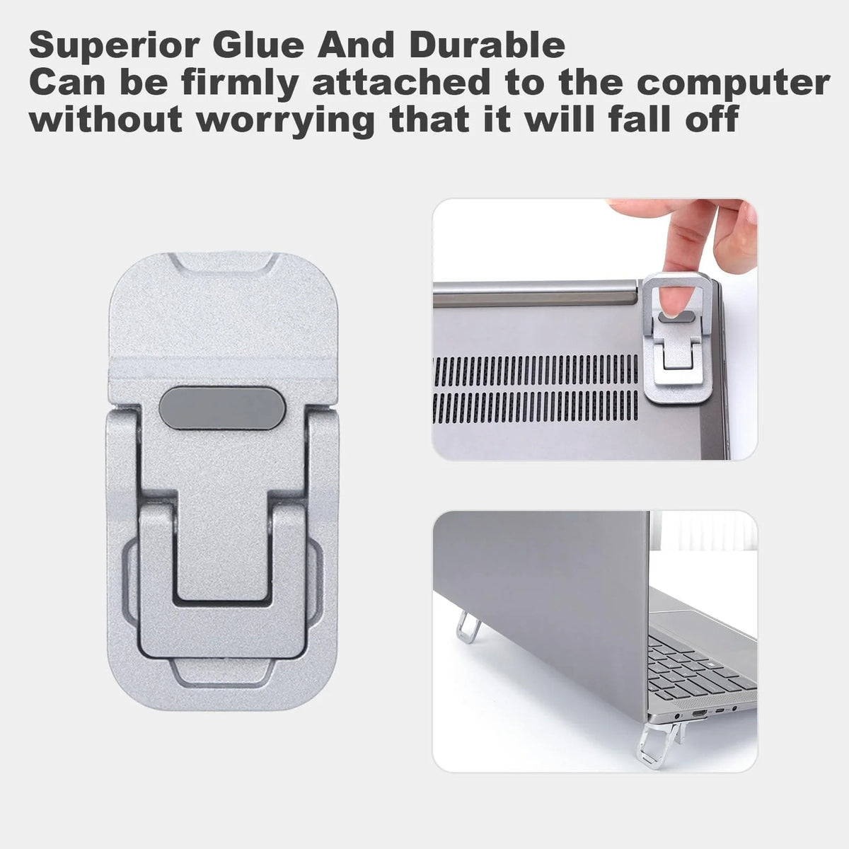 Support portable pliable pour ordinateur portable et cahier, montrés dans divers contextes d'attachement.