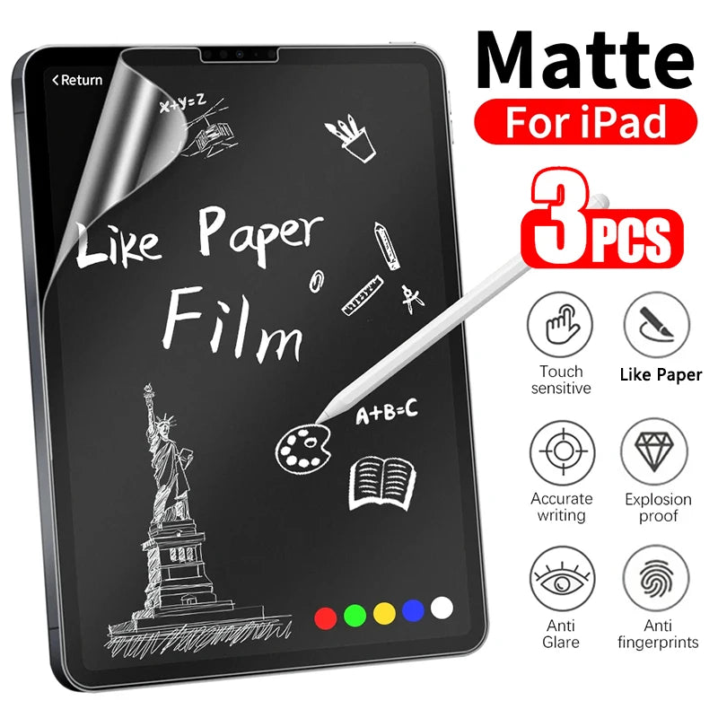 Matte film screen protector for iPad showing various writing examples and features