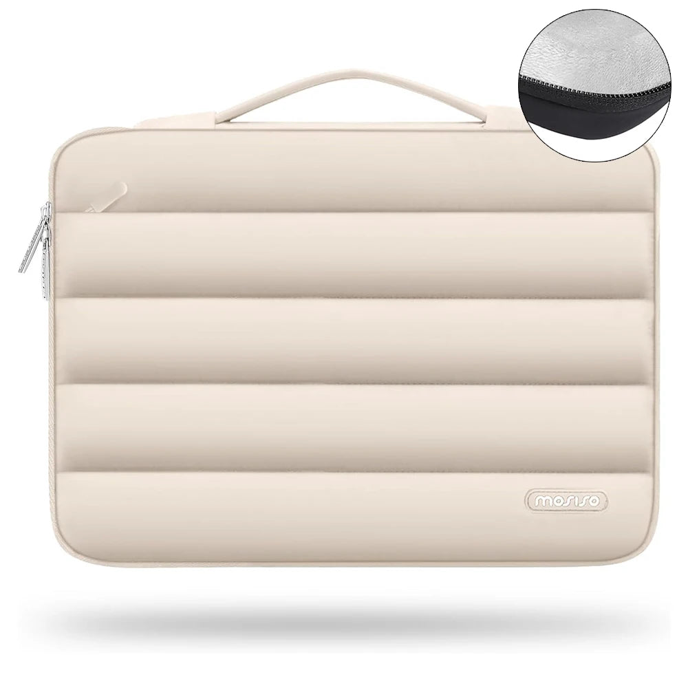A beige protective laptop sleeve bag featuring quilted padding and a carrying loop.